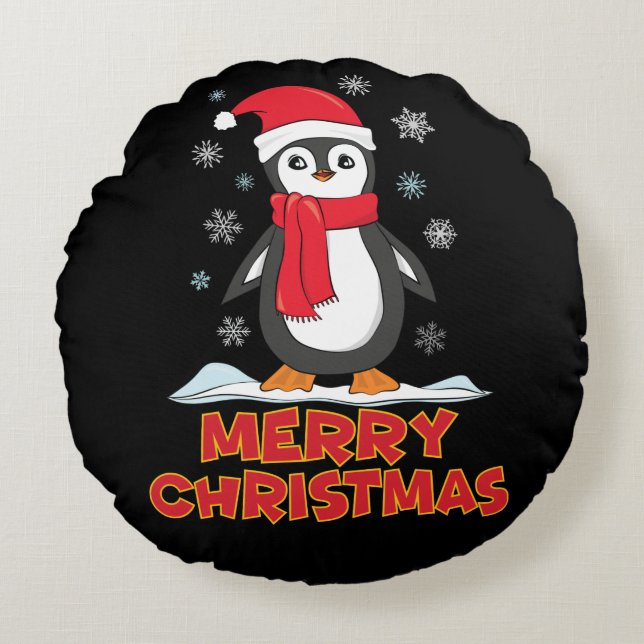 Cojín Redondo Merry Christmas Cute Penguin (Anverso)