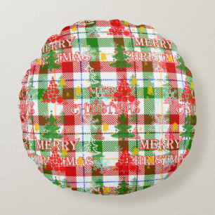 Cojín Redondo Merry Christmas Decorated Plaid Tartán