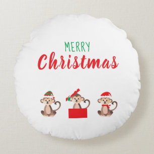 Cojín Redondo Merry Christmas Monkey Wearing Navidades Gorra