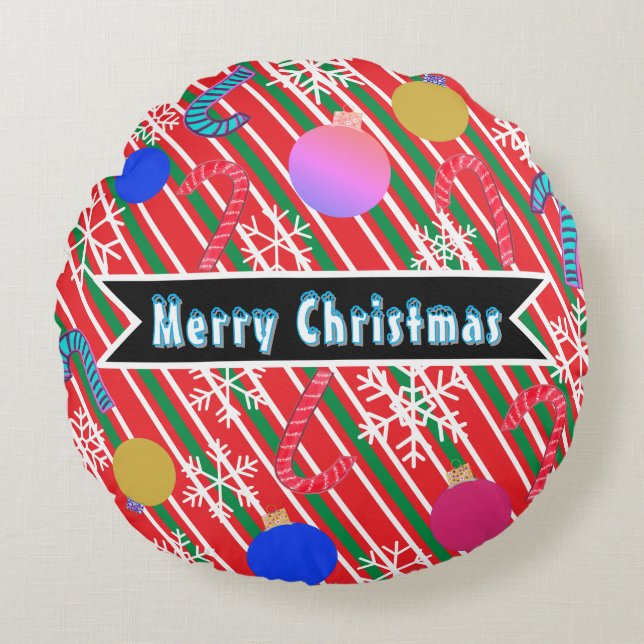 Cojín Redondo Merry Christmas Stripes Candy Canes Ornaments  (Anverso)