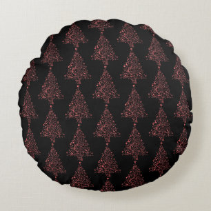 Cojín Redondo Merry Christmas Tree Stars Black and Red Pattern