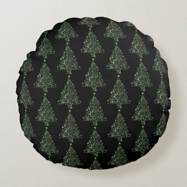 Cojín Redondo Merry Christmas Tree Stars Black Green Pattern (Anverso)