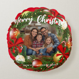 Cojín Redondo Merry Christmas Wreath Photo Personalized Family N