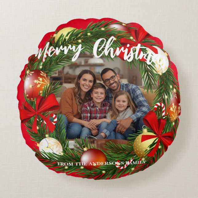 Cojín Redondo Merry Christmas Wreath Photo Personalized Family N (Anverso)