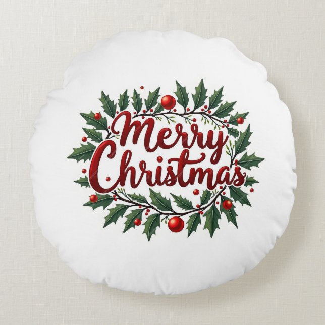 Cojín Redondo Merry Christmas Wreath Round Pillow (Anverso)