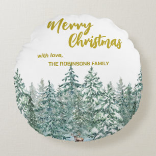 Cojín Redondo Merry xmas tree forest Modern Moose script Holiday