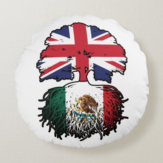 Cojín Redondo México Bandera de raíces de árboles británicos mex (Anverso)