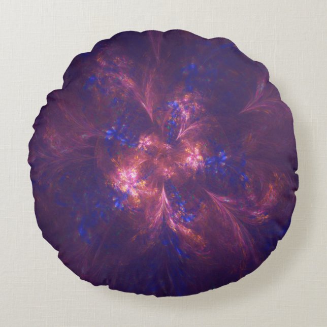 Cojín Redondo Mezcla De Flores Abstractas, Luces Púrpura Y Azul (Anverso)