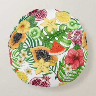 Cojín Redondo Mezcla tropical, flores y hojas en blanco