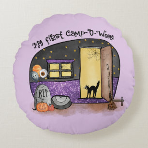 Cojín Redondo Mi primer campamento-O-Ween Camping de Halloween