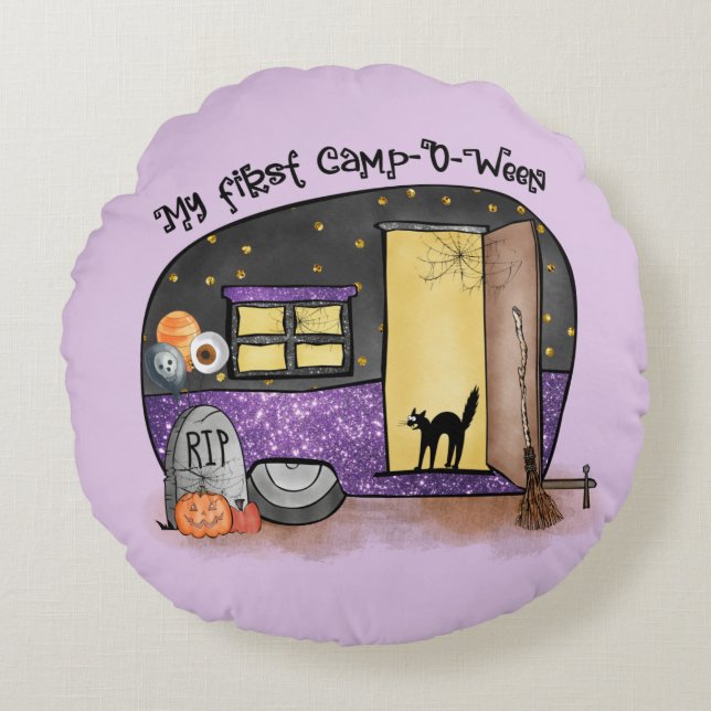 Cojín Redondo Mi primer campamento-O-Ween | Camping de Halloween (Anverso)