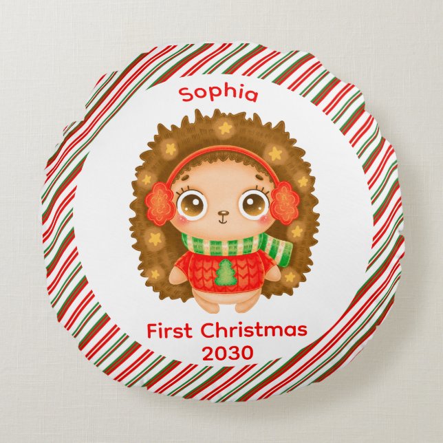 Cojín Redondo Mi primer nombre de bebé lindo de Navidad (Anverso)