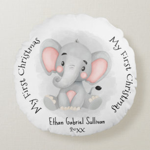 Cojín Redondo Mi primer nombre personalizado de Navidad Elefante