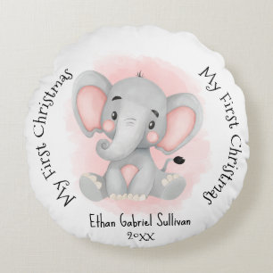 Cojín Redondo Mi primer nombre personalizado de Navidad Elefante