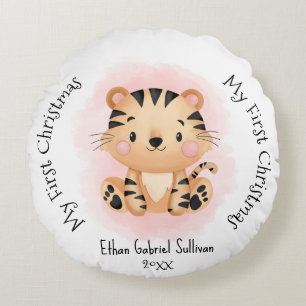 Cojín Redondo Mi primer nombre personalizado de Navidad tigre Na