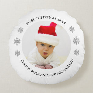 Cojín Redondo Mi primera foto personalizada de bebé de Navidad