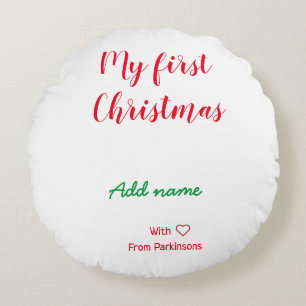 Cojín Redondo Mi primera Navidad añadir nombre de familia con am