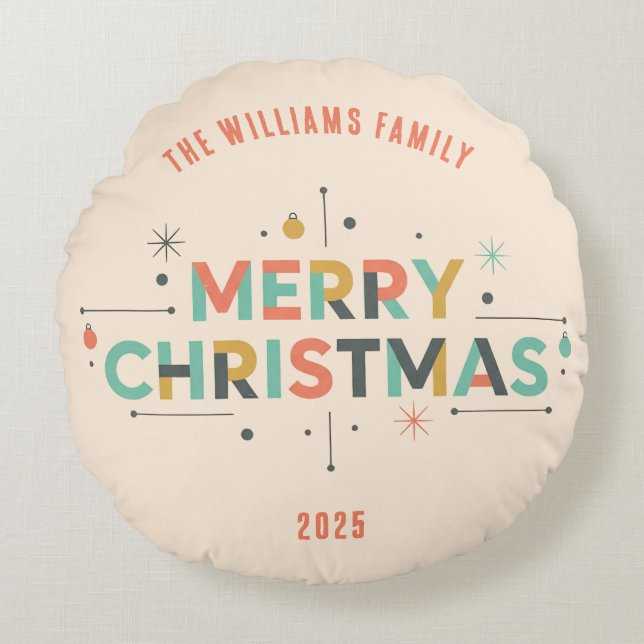 Cojín Redondo Mid-Century Merry Christmas – Retro Style (Anverso)