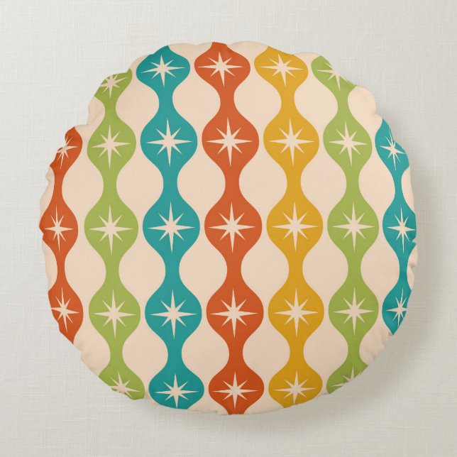 Cojín Redondo Mid Century Retro Starbursts on ogee pattern  (Anverso)