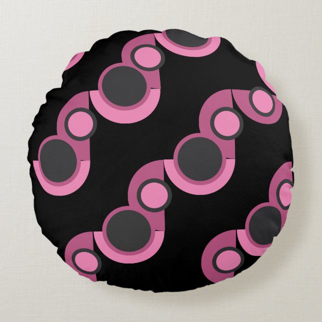 Cojín Redondo MidCentury Moderno rosa, negro y gris (Anverso)