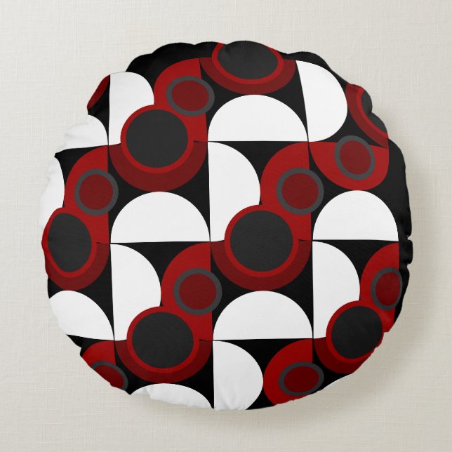 Cojín Redondo MidCentury Rojo moderno, negro y gris (Anverso)