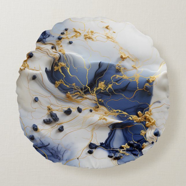 Cojín Redondo Midnight Sapphire Marble with Gold Threads (Anverso)