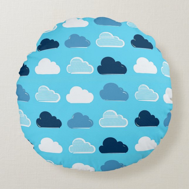 Cojín Redondo Minimal Clouds Pattern – Blue Sky Vibes (Anverso)
