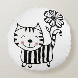 Cojín Redondo Minimalist Cute Cat with Flower on Tail Decorative
