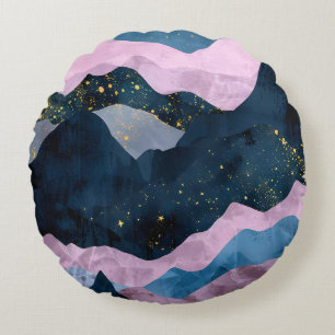 Cojín Redondo Minimalista Luna Estrellas Montaña Valle Celestial