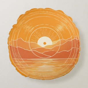 Cojín Redondo Minimalista Montaña Océano Atardecer Retro Zen