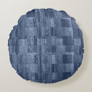 Cojín Redondo Mínimo Denim Resumen Memphis Patchwork