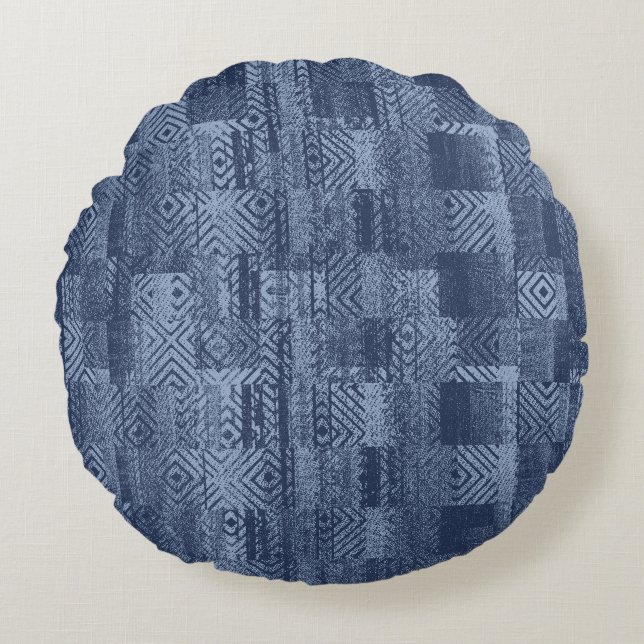 Cojín Redondo Mínimo Denim Resumen Memphis Patchwork (Anverso)