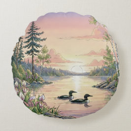 Cojín Redondo Minnesota Lake Sunset with Loons, Throw Pillow