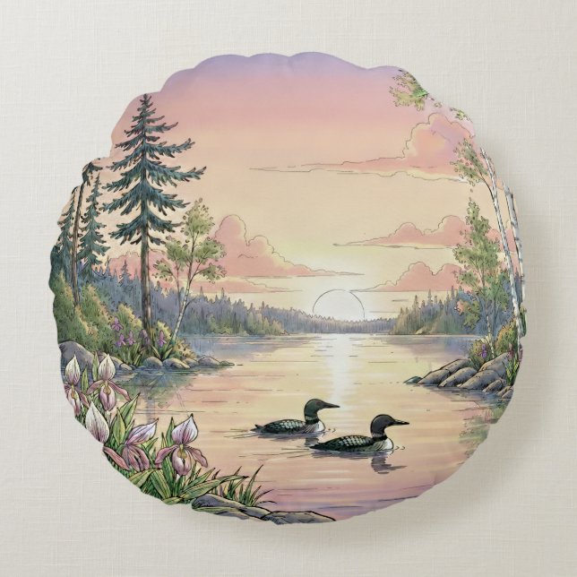 Cojín Redondo Minnesota Lake Sunset with Loons, Throw Pillow (Anverso)