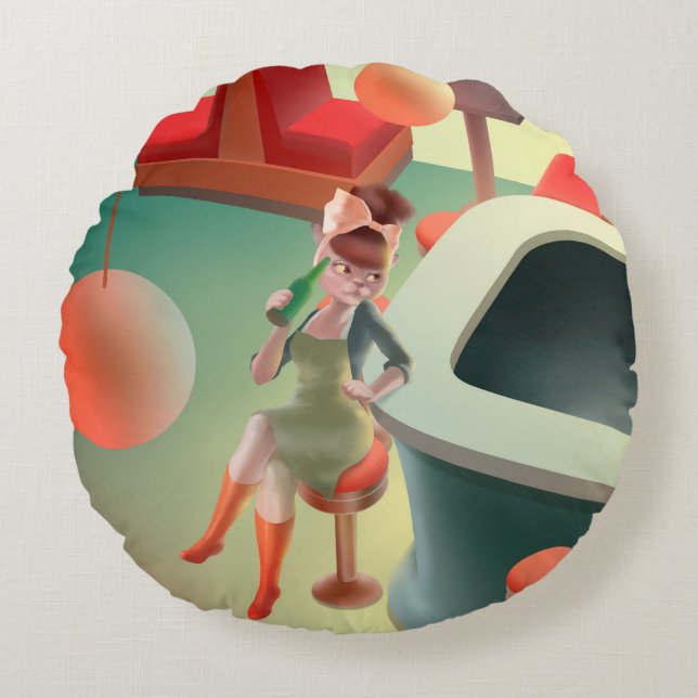 Cojín Redondo Miss Meow - Serie nocturna de bares (Anverso)