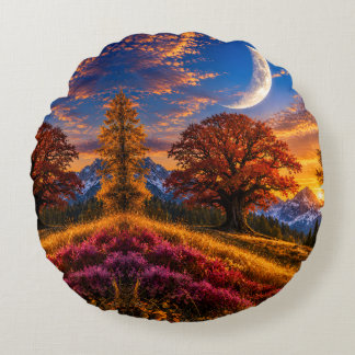 Cojín Redondo Místico Roble de Otoño Luna Creciente