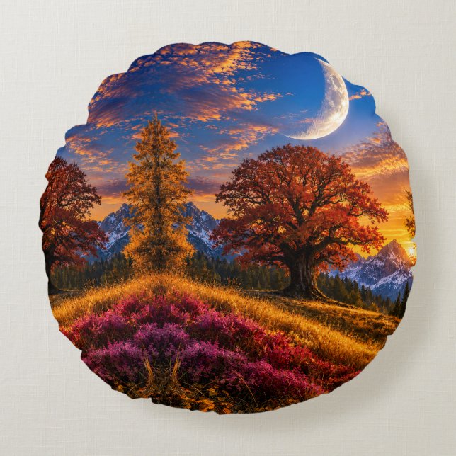 Cojín Redondo Místico Roble de Otoño Luna Creciente  (Anverso)