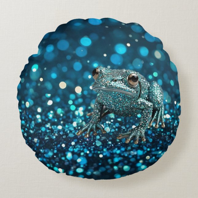 Cojín Redondo Mistique de la rana azul dimientee en Blue Bokeh (Anverso)