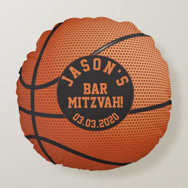 Cojín Redondo Mitzvah Naranja Black Basketball Bar (Anverso)