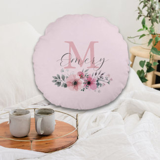 Cojín Redondo Moda botánica acuarela rosa monograma floral