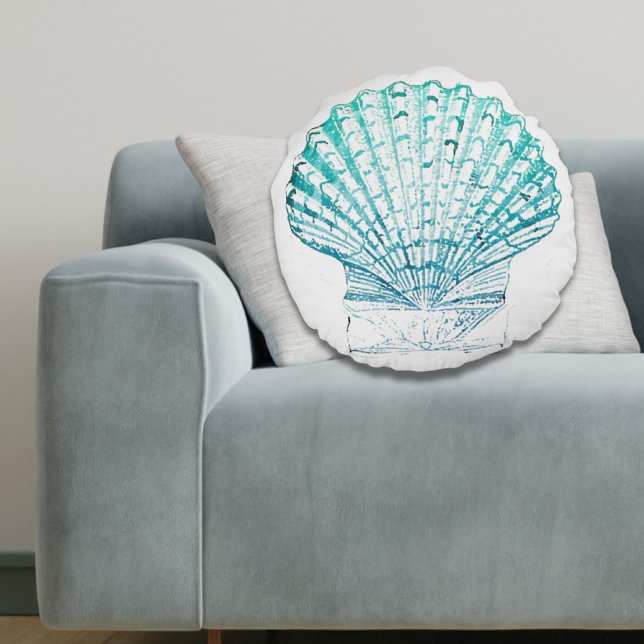 Cojín Redondo moda costera azul verde azulado acuarela de sirena (coastal chic teal blue watercolor mermaid seashell round pillow)
