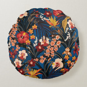 Cojín Redondo Moda de la jungla: azul oscuro exótico.