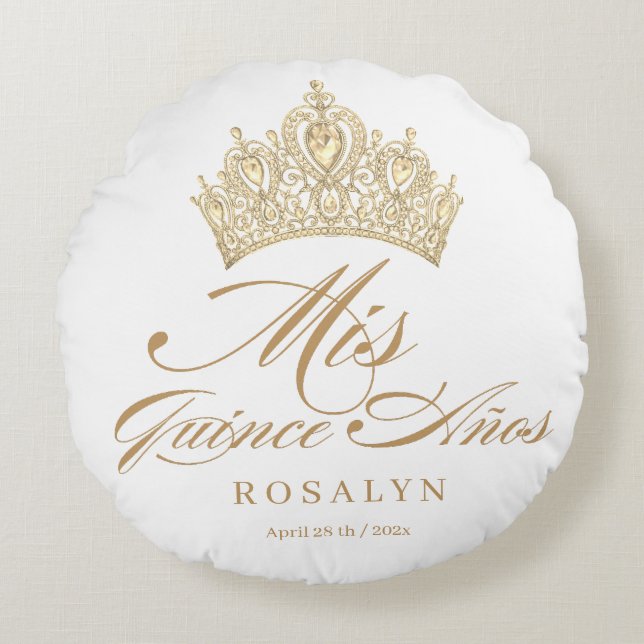 Cojín Redondo Moda elegante Quinceanera de oro blanco (Anverso)