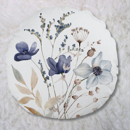 Cojín Redondo Moda monogramada elegante color de agua Flor azul