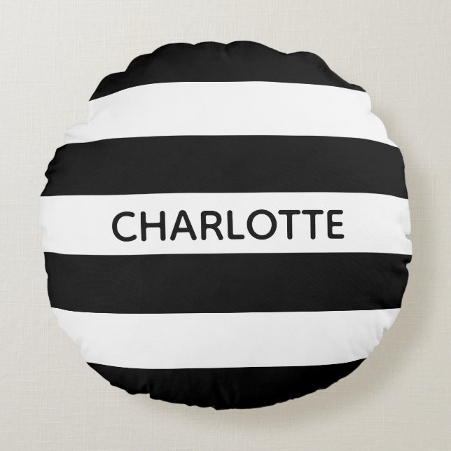 Cojín Redondo Moda rayas negras y blancas monograma nombre perso (Anverso)