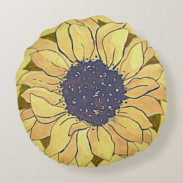 Cojín Redondo Moda Rústica Amarillo Girasol acuarela floral (Reverso)