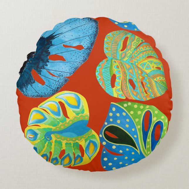 Cojín Redondo Moda Tropical: Patrón de Leafy sin Marea. (Anverso)