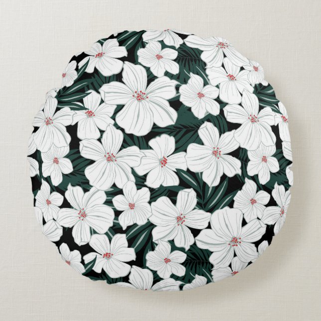 Cojín Redondo Modelo de flores tropical blanco (Anverso)