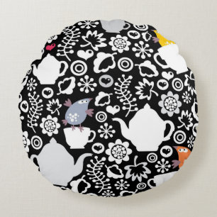 Cojín Redondo Modelo de los pájaros y de las tazas