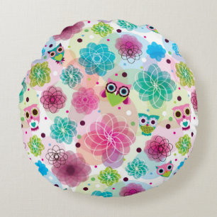 Cojín Redondo Modelo lindo del fondo del búho de la flor